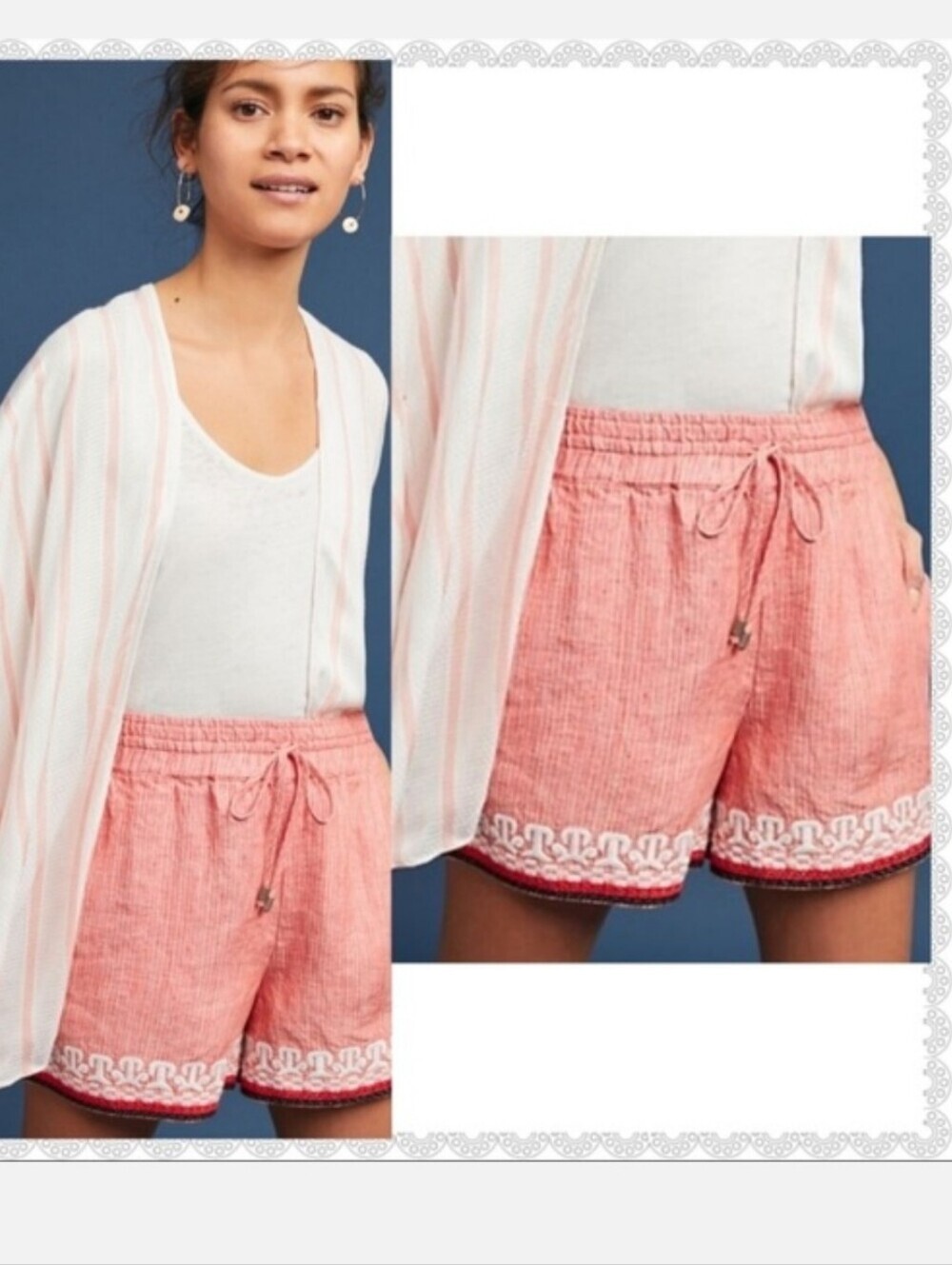 Anthropologie Women's Beachcomber Linen Coral Boho Embroidered Shorts Size Small - Picture 14 of 14